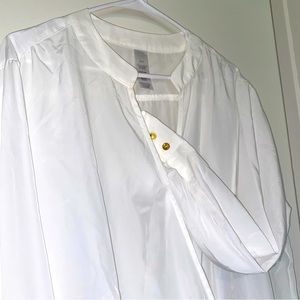 Brand new White Semi Sheer Blouse Gold Buttons V Neck Crisscross